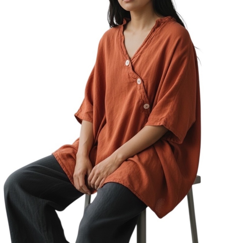 Oh My Gauze! Women Terracotta Cotton Crinkle Asymmetrical Button Tunic 2 L/XL